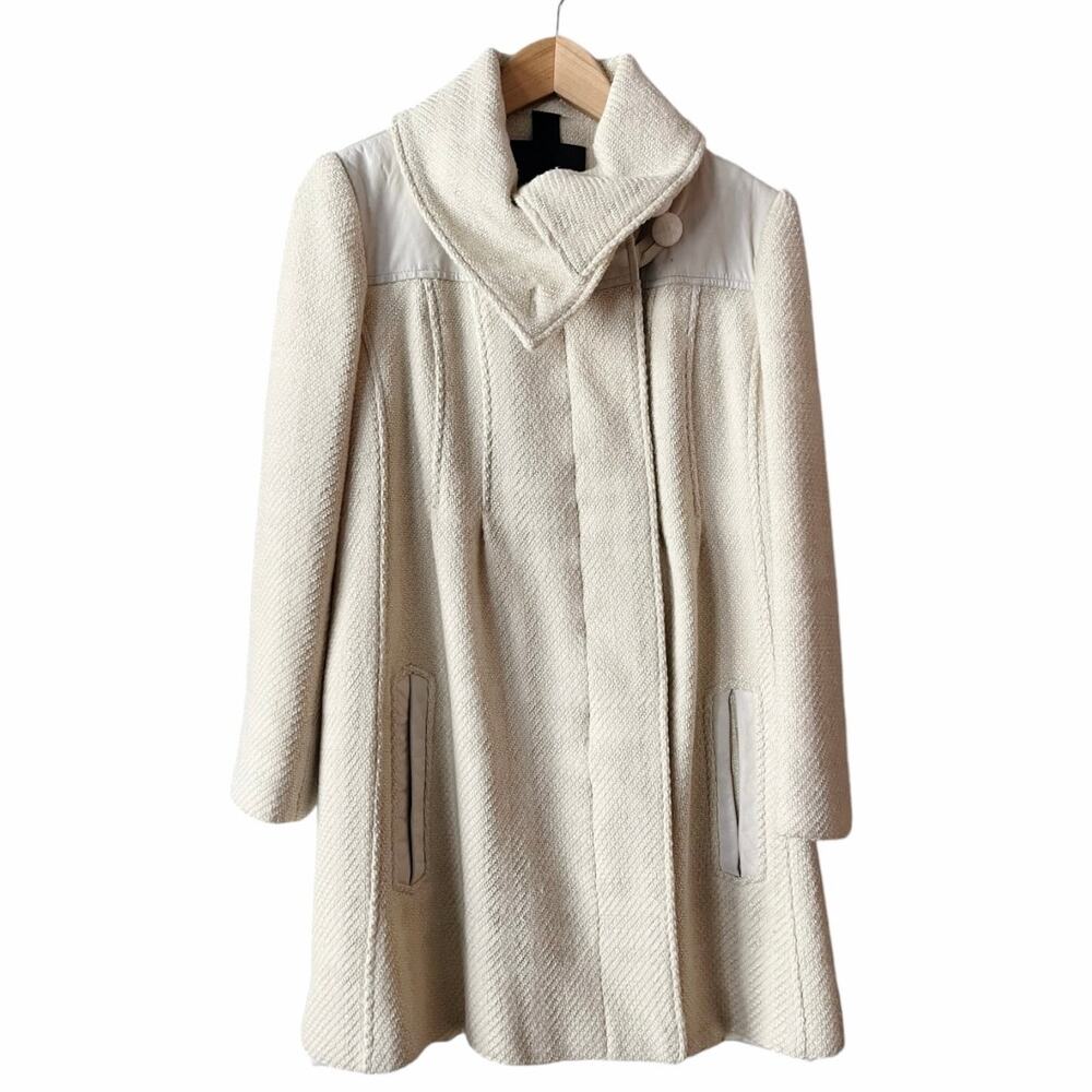 MACKAGE Peacoat Jacket Wool Leather Trim Pockets Off White Black Large GUC